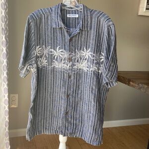 Tommy Bahama Linen Embroidered Palm Trees Button Front Short Sleeve Shirt